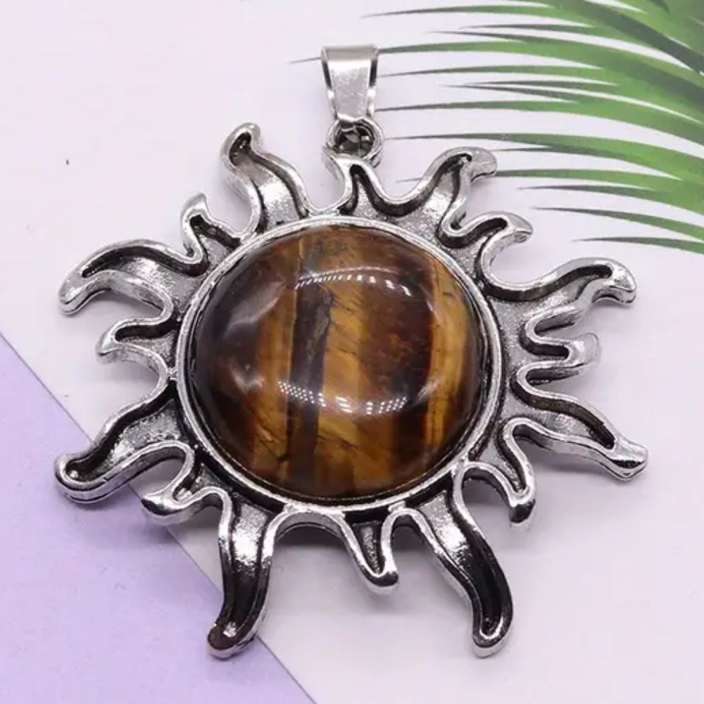 Tiger Eye Natural Stone Sun Shaped Pendant Necklace Healing Gemstone Pendant